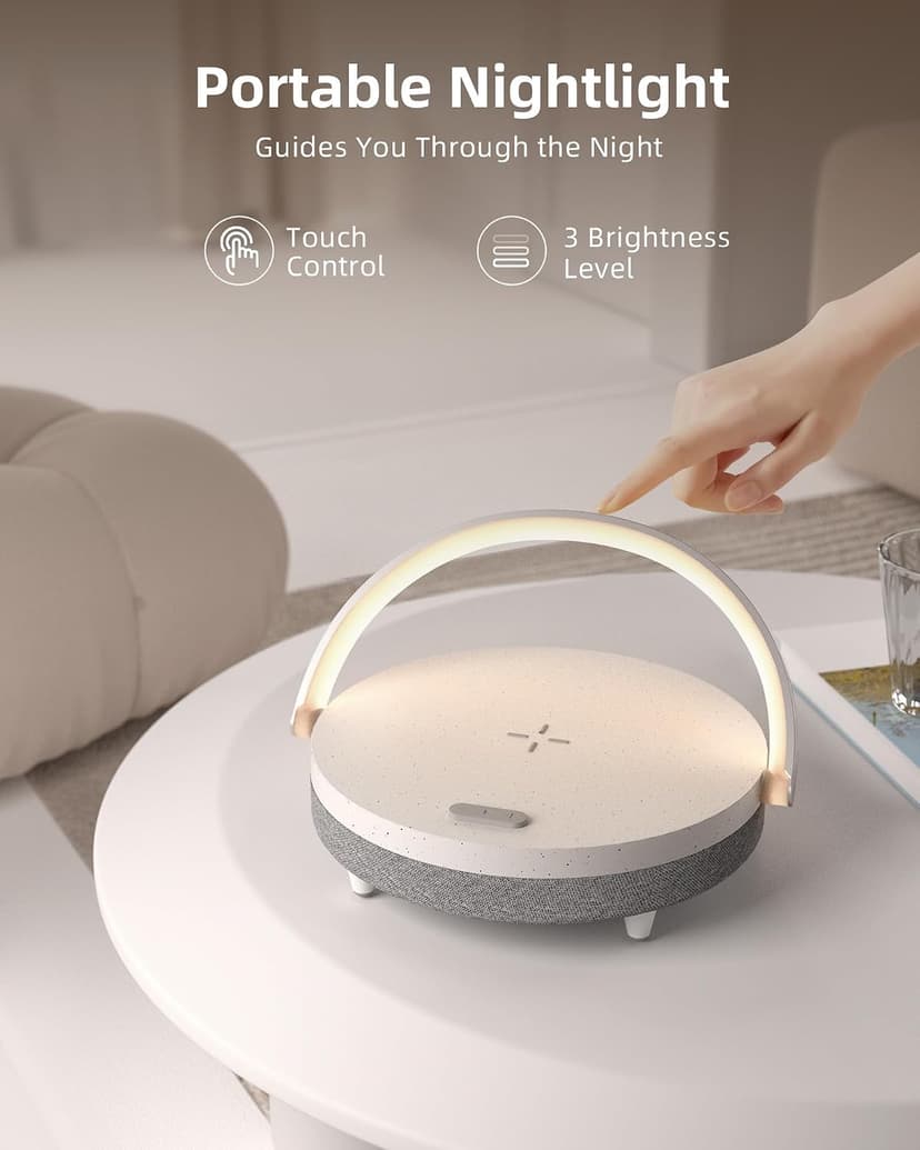 EZVALO Gift for Her, Music Table Lamp with Wireless Charger, 4 in 1 Touch Bedside Lamp, Portable Bluetooth Speaker, Phone Holder, Dimmable LED Night Lights Birthday Gifts for Women, Men, Dad, Mom