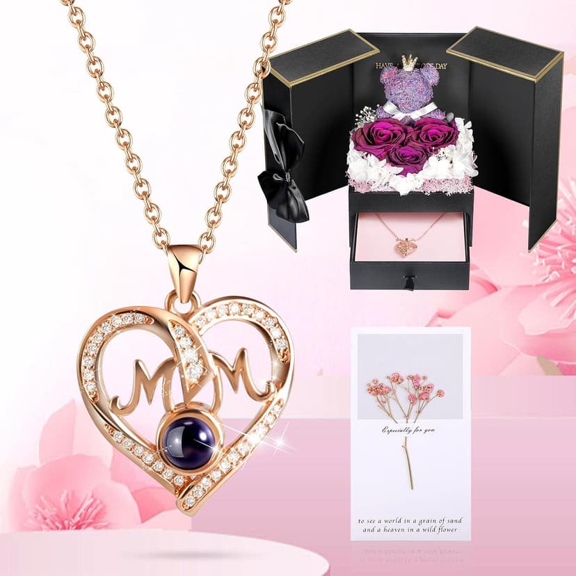 ADDWel Meaningful Gifts for Mom from Daughter Son, Preserved Purple Rose Gift Box with MOM Necklace, I Love You Necklace in 100 Languages, Mother’s Day Birthday Gifts for Mom B0BZ7SWYTH