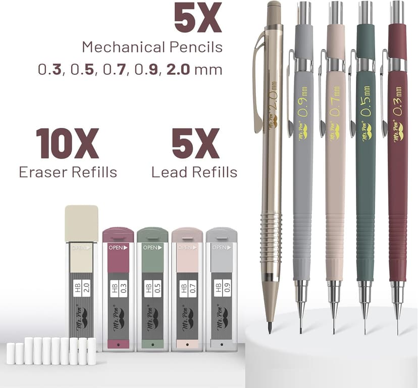 Mr. Pen- Art Mechanical Pencil Set, 5 Vintage Mechanical Pencils (0.3, 0.5, 0.7, 0.9, 2.0mm), 5 HB Lead Refills & 10 Eraser Refills, Precision Drawing Pencils for Sketching, Writing & Artwork