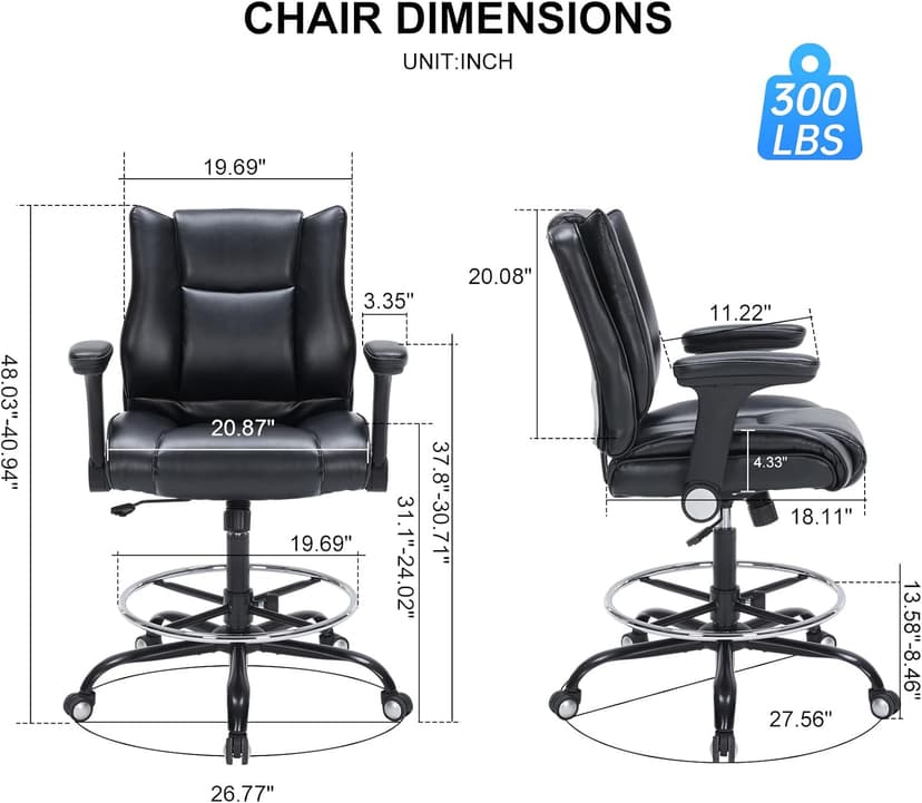 Office Drafting Chair, Tall Desk Chair with Adjustable Armrests and Footrest Ring PU Leather Standing Desk Chair with Extra Thicken Seat Cushion, Comfy High Office Chair for Counter Height Desk, Black