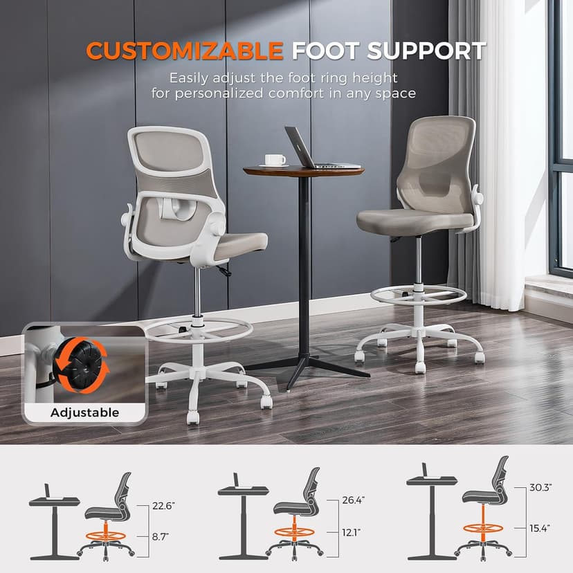 Drafting Chair Armless, Tall Office Chair with Adjustable Foot Ring and Lumbar Support, Ergonomic Mesh High Desk Chair for Standing Desk, Black