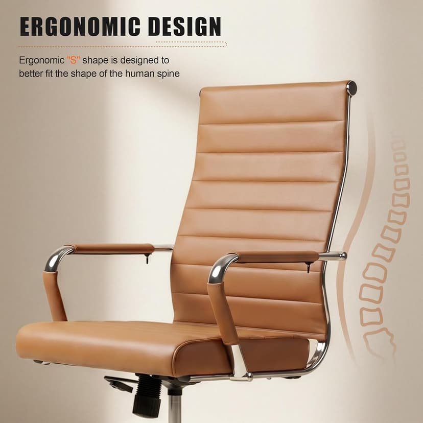 Okeysen Office Desk Chair, Ergonomic Leather Modern Conference Room Chairs, Executive Ribbed Height Adjustable Swivel Rolling Chair for Home Office. (Brown)