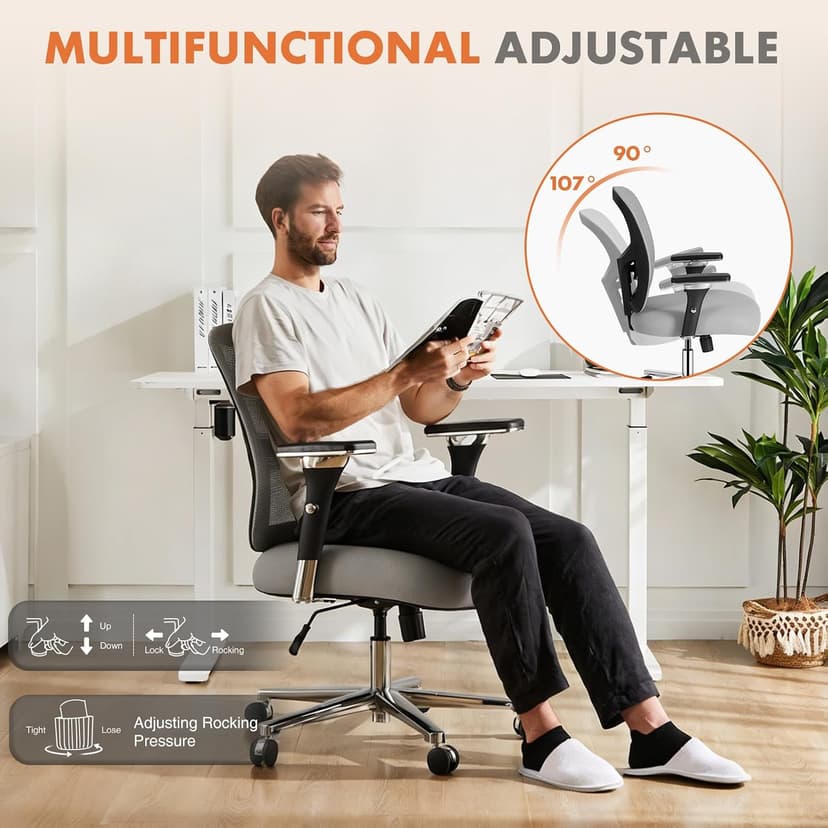 Sweetcrispy Big and Tall Office Desk Chair with Lumbar Support, 500lbs Heavy Duty Mesh Ergonomic Computer Chair with 4D Armrest and Wide Comfy Seat, 360° Swivel Wheels for Adult, Grey