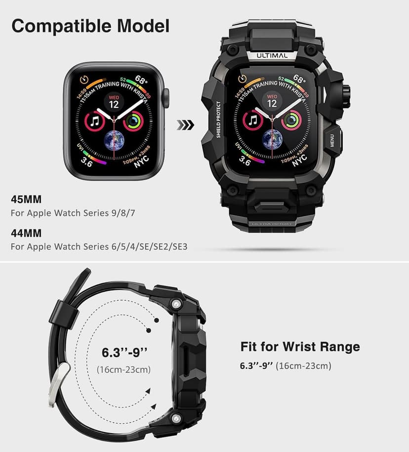 ULTIMAL Rugged Case with Band for Apple Watch 44mm,Compatible with Apple Watch Series SE 3/SE 2/SE Generation/6/5/4, Military Grade Shockproof Bumper Cover for iWatch Tactical Band Men (Black, 44mm)
