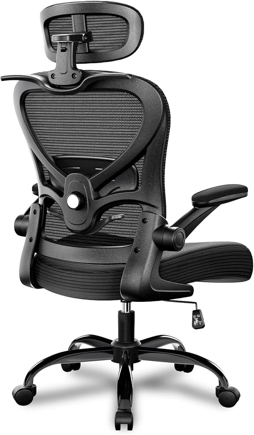 Freepub Ergonomic Office Chair with Headrest 3D, Mesh Office Desk Chair with Adjustable Lumbar Support, Computer Chair with Flip up Armrests, 350LBS Capacity - Design for Home/Offices - Black