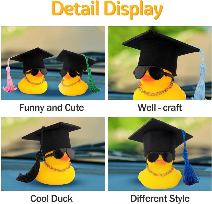 wonuu Car Dashboard Decor Graduation Hat Rubber Duck, Car Ducks Ornaments with Mini Hat Necklace Sunglasses Scarf (Black) B0CSYPZJK4