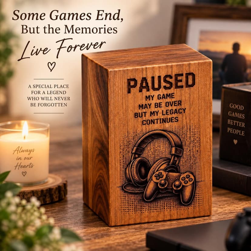 Gaming Memorial Urn Box for Human Ashes,Cremation Urn with Laser Engraved Headphones & Game Controller Design, Wooden Keepsake Funeral Urn for Adult Ashes, Memorial Gift B0HD81S9SR
