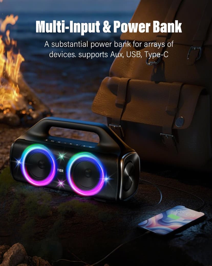 Speakers, 80w (Peak) Portable Wireless Speaker with Lights, Stereo Loud Sound, IP67 Waterproof, Deep Bass Outdoor Speakers Bluetooth 5.3 Dual Pairing for Home Party Beach Camping, Gifts