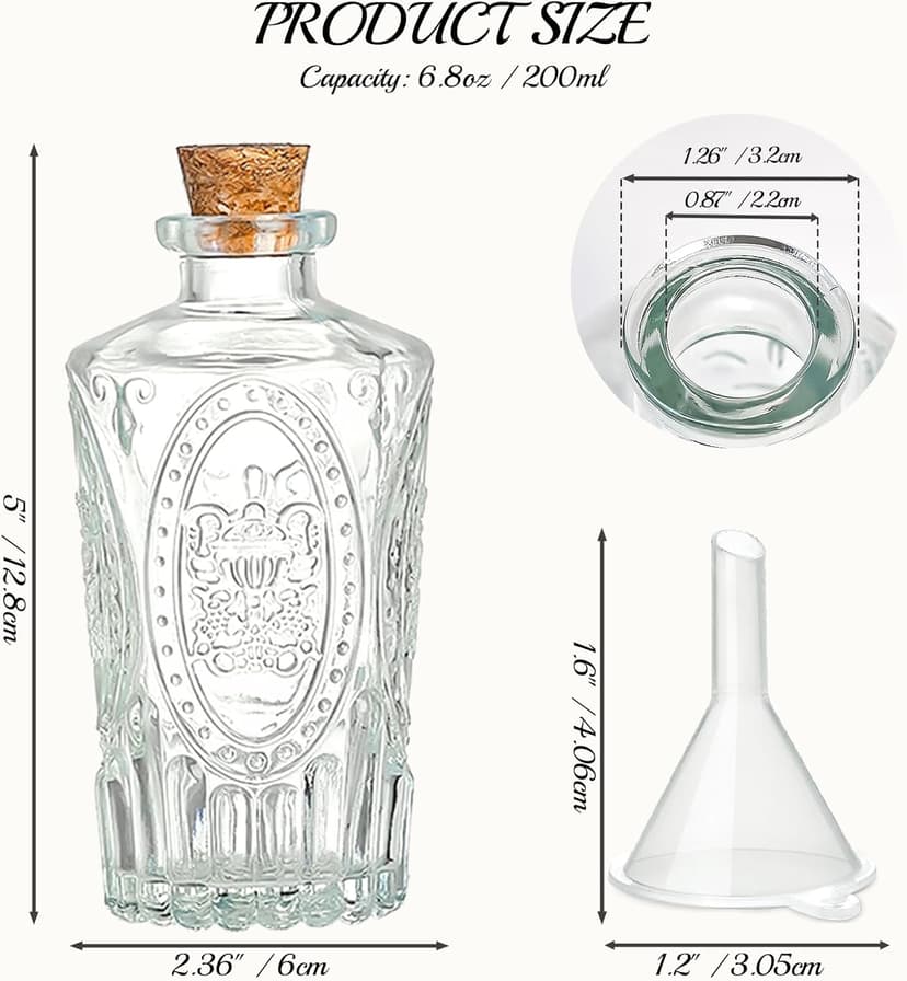 12 Pack 6oz Glass Bottles with Cork Stoppers, 200ml Clear Glass Liquor Bottles with 4 Vintage Patterns, Refillable Whiskey Bottles for Wine, Oil, Vinegar, Kombucha, Wedding Favors