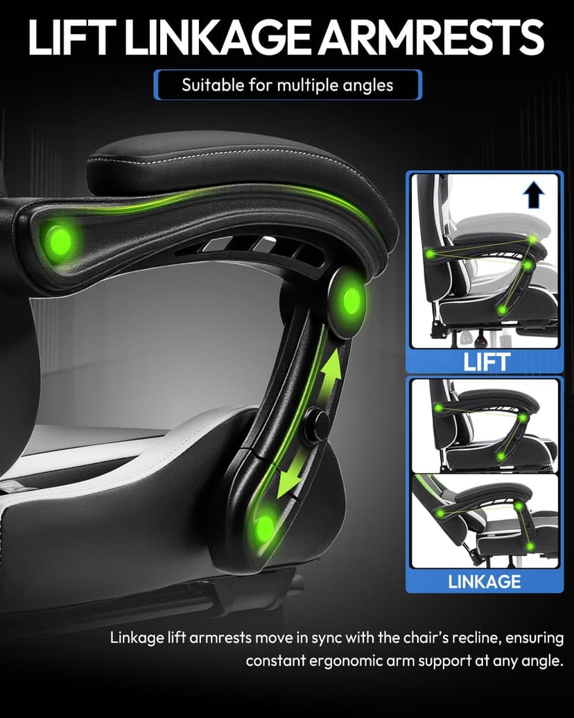 Dowinx Ergonomic Gaming Chair with Footrest & Massage Lumbar, 2D-Linkage Armrests for Computer Chair 330lbs with Headrest Pillow for Office, Home, Streaming and Long Gaming Sessions, White