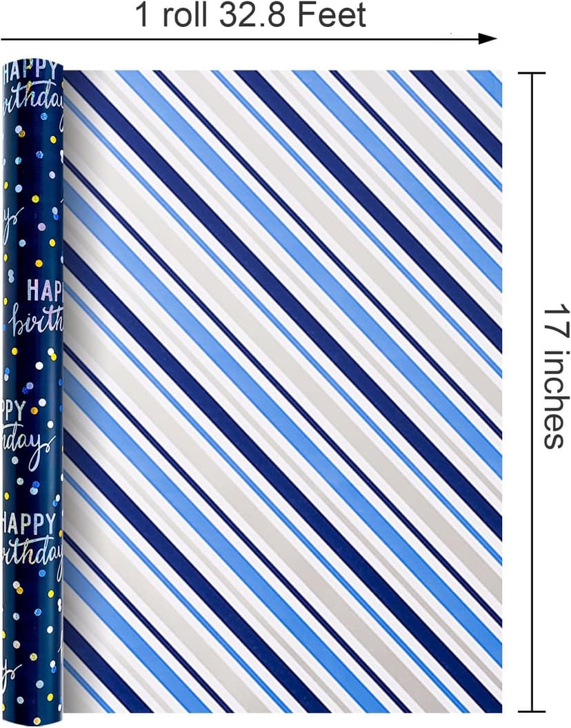 MAYPLUSS Birthday Wrapping Paper Roll, Blue Metallic Holographic Happy Birthday Wrapping Paper Featuring Revesible Stripe Gift Wrap Paper for Boys Kids Girls Men, 17 Inches x 33 Feet B0FX9W1LZD