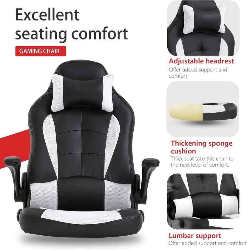 PayLessHere Gaming Chair Desk Chair Gamer Chair Ergonomic Office Chair With Lumbar Support Padded Up Arms Adjustable Headrest Pu Leather High Back Office Chair Gamer Chair For Adults Women Men (White)