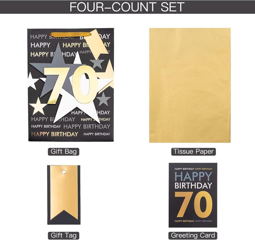 Loveinside Birthday Gift Bag with Tissue Paper and Greeting Card for 70 Birthday - 10" x 5" x 13", 1 Pcs, Black Gold