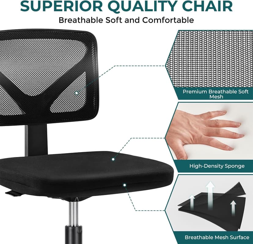DUMOS Armless Office Chairs with Wheels, Ergonomic Adjustable Home Desk Swivel Rolling Task Chair No Arms, Comfy Mesh Mid Back Computer Work Vanity Desk Chairs for Small Spaces, New Black