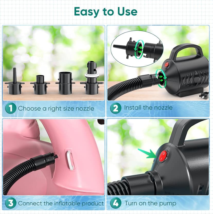 Electric Air Pump for Inflatable Pool Toys - High Power Quick-Fill Air Mattress Inflator Deflator Pump for Pool Float Raft Gymnastics Track Mat, Portable Air Pump 4 Nozzles AC 110-120V (400W)