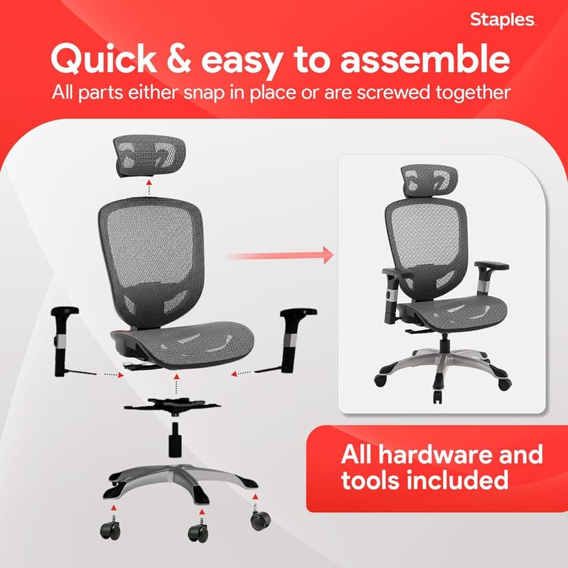 STAPLES Ergonomic Task Chair, Mesh, Ergonomic, Lumbar Support, Swivel, Gray