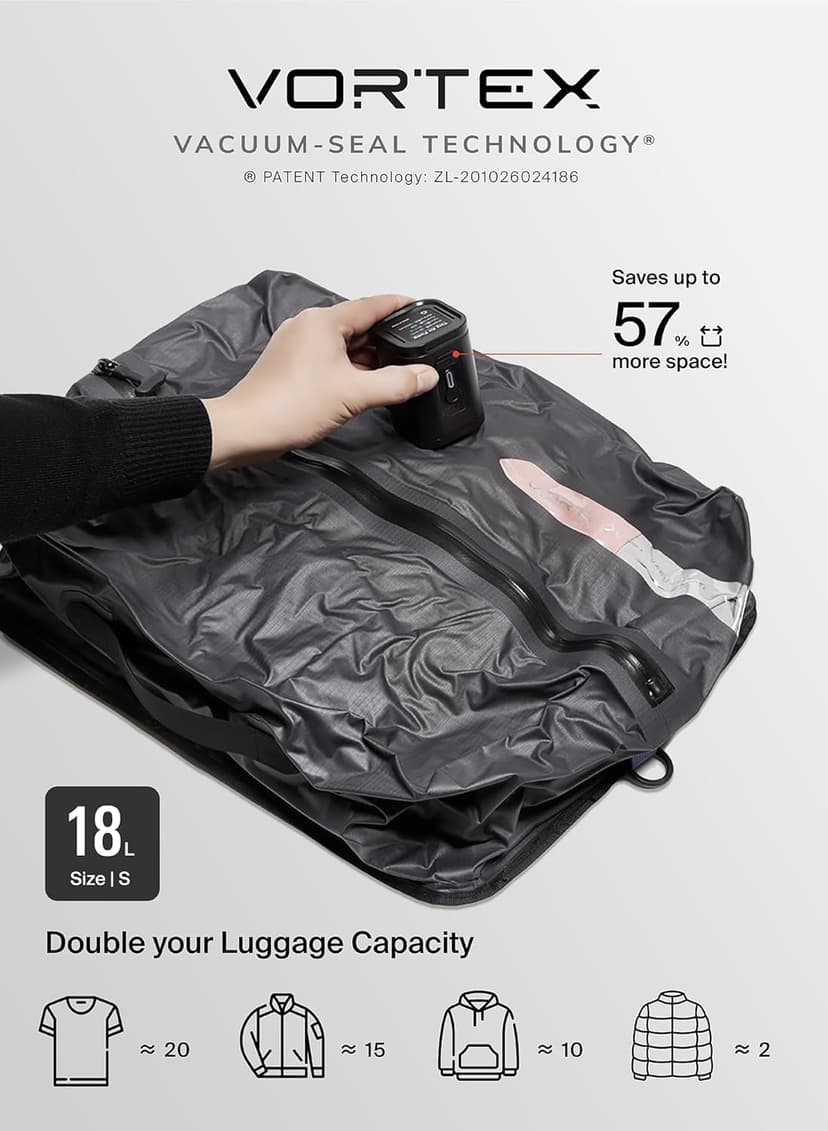 Black Voyage Reusable Vacuum Compression Travel Bag for Carry-On Suitcase and Backpack, Recycled IP67 Waterproof Space Saver Vacpack (2-Pack, 18L - Pump Included)
