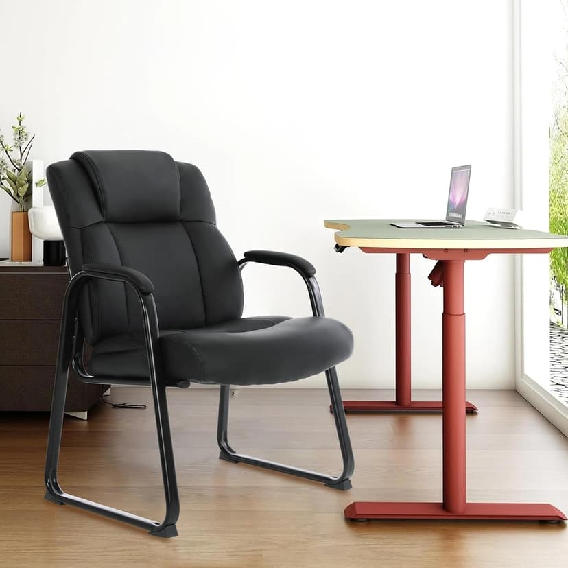 CLATINA Big and Tall Office Chair 500lbs Leather Reception Chair with Bonded Padded Armrest Wide Seat Sled Base Desk Chair No Wheels for Reception Conference Waiting Room Side Office Home, Black
