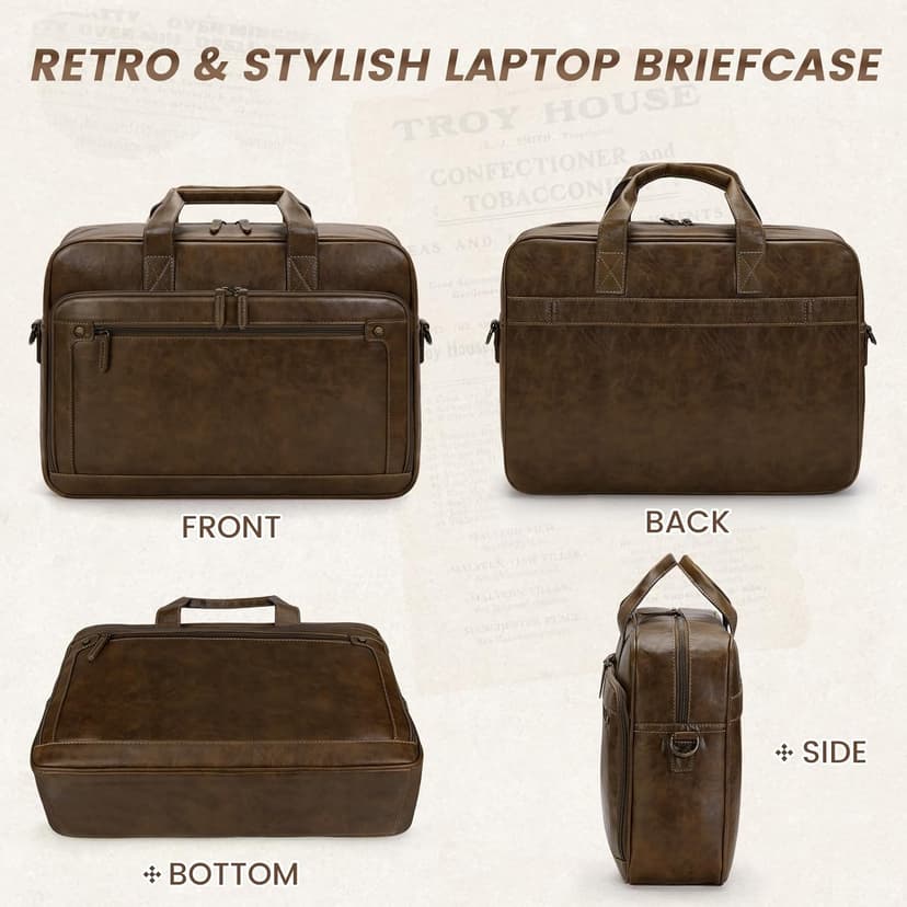 RAINSMORE Mens Laptop Bag 16 Inch Leather Briefcase Vintage Messenger Bag for Men Large Crossbody Shoulder Office Computer Bag Retro College Satchel Bag for Work, Business,Travel, Brown