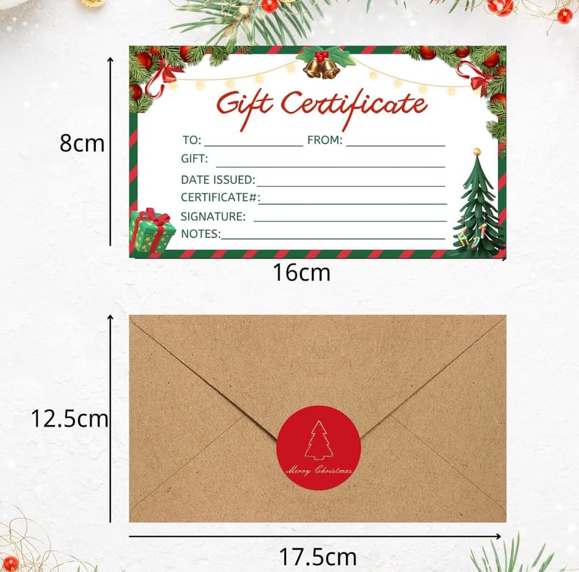 30 Pack Gift Certificates for Business with 30 Kraft Envelopes 30 Stickers for Holiday Christmas Small Business Restaurants Spa Beauty Makeup Hair Salon