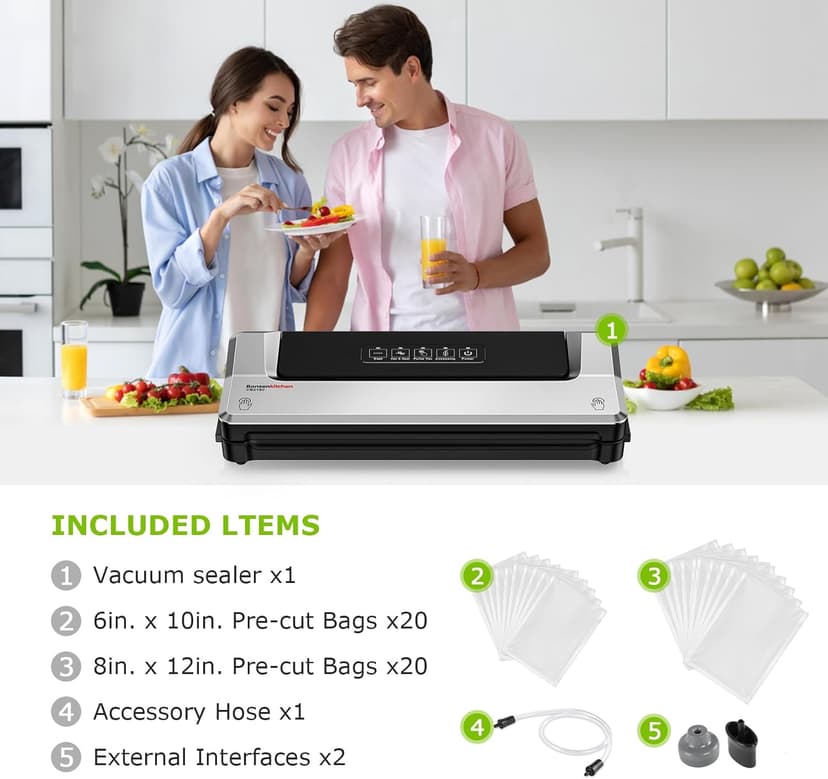 Bonsenkitchen Vacuum Sealer Machine with 40 Bags | Compact Food Sealer for Kitchen Storage & Meal Prep | Multiple Modes | External Vacuum System, Silver