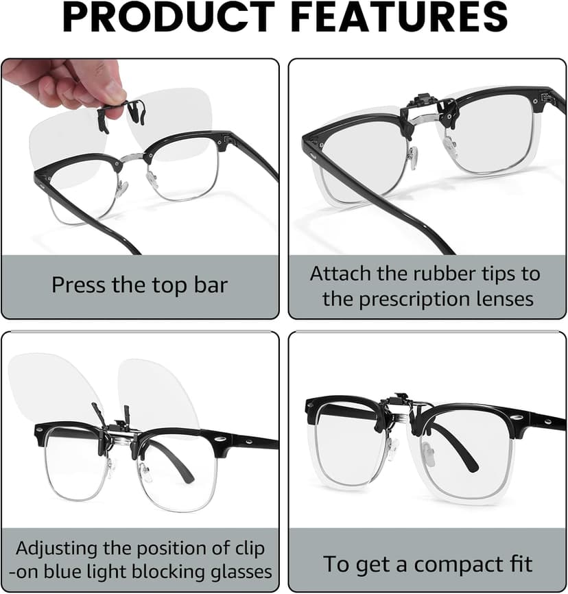 Trysee Rectangular Clip-On Flip-Up Blue Light Blocking Glasses for Eyes Strain/Light Sensitive TS309