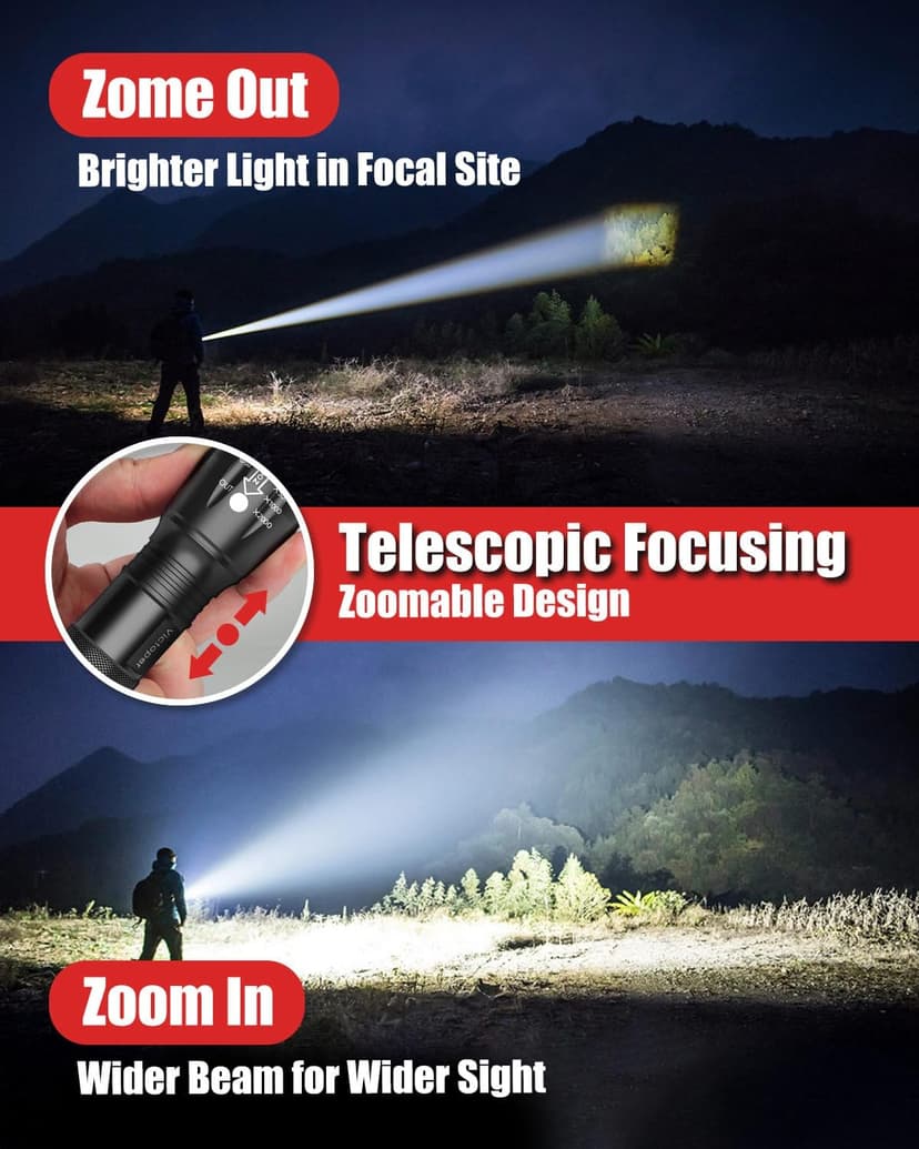 Victoper LED Flashlight 2 Pack, Bright Tactical Torch High Lumens with 5 Modes, Waterproof Zoomable Flash Light for Outdoor, Gifts for Men, Dorm Room Hunting Camping Essentials Gear for Guys