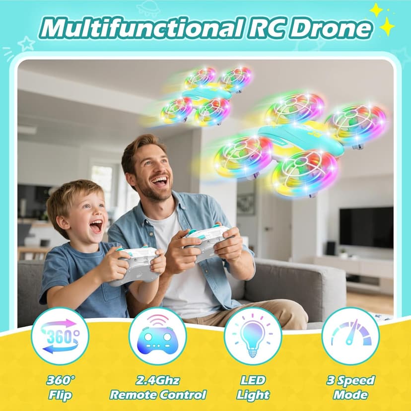 LED RC Drone for Kids 6+, Christmas Birthday Gift for Boys & Girls with Remote Batteries, 360° Flip, High Speed Mode, 45 Min Flight Indoor and Outdoor Flying Toy - Blue Yellow