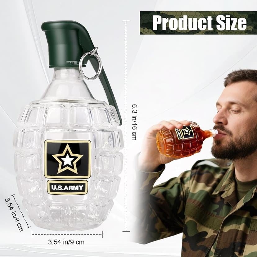 Military Hand Grenade Whiskey Bottle, 300ml Engraved Glass Hand-Grenade Shape Bottle, Leakproof Whiskey Decanter for Men Military Lovers Veteran Gifts