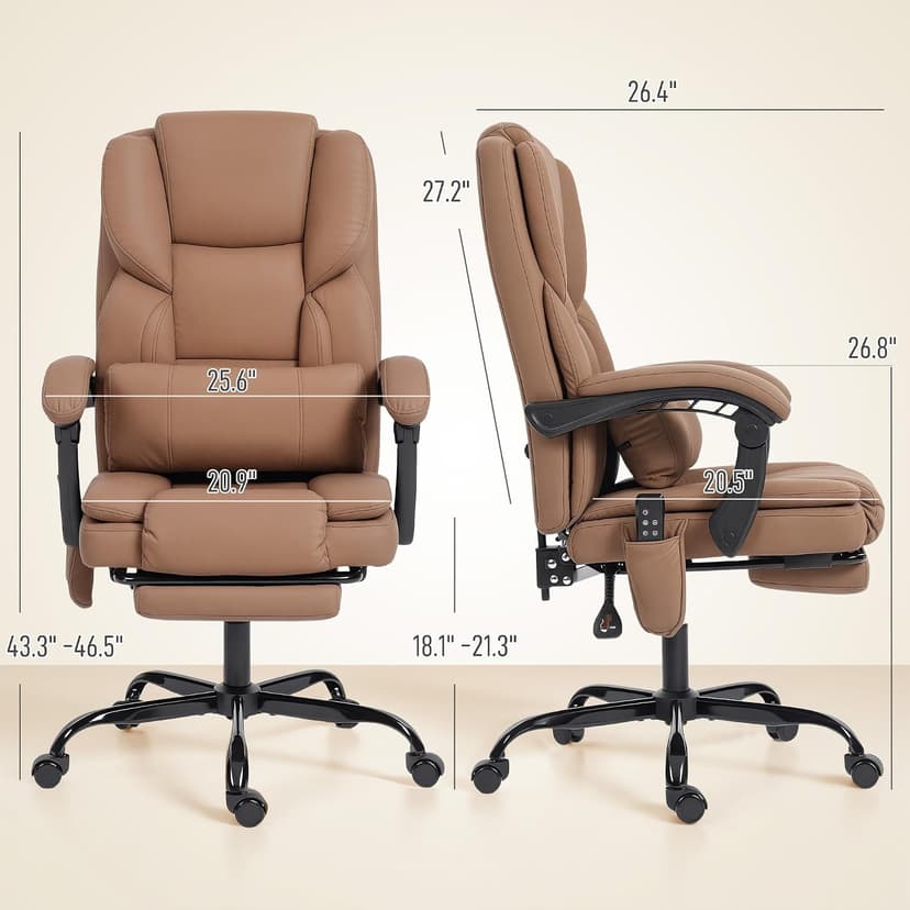 HOMCOM Massage Office Chair with Foot Rest and 6 Points Vibration, Executive Office Desk Chair with Scratch-Resistant Faux Leather, Reclining Back, Comfy Lumbar Support, Remote, Brown