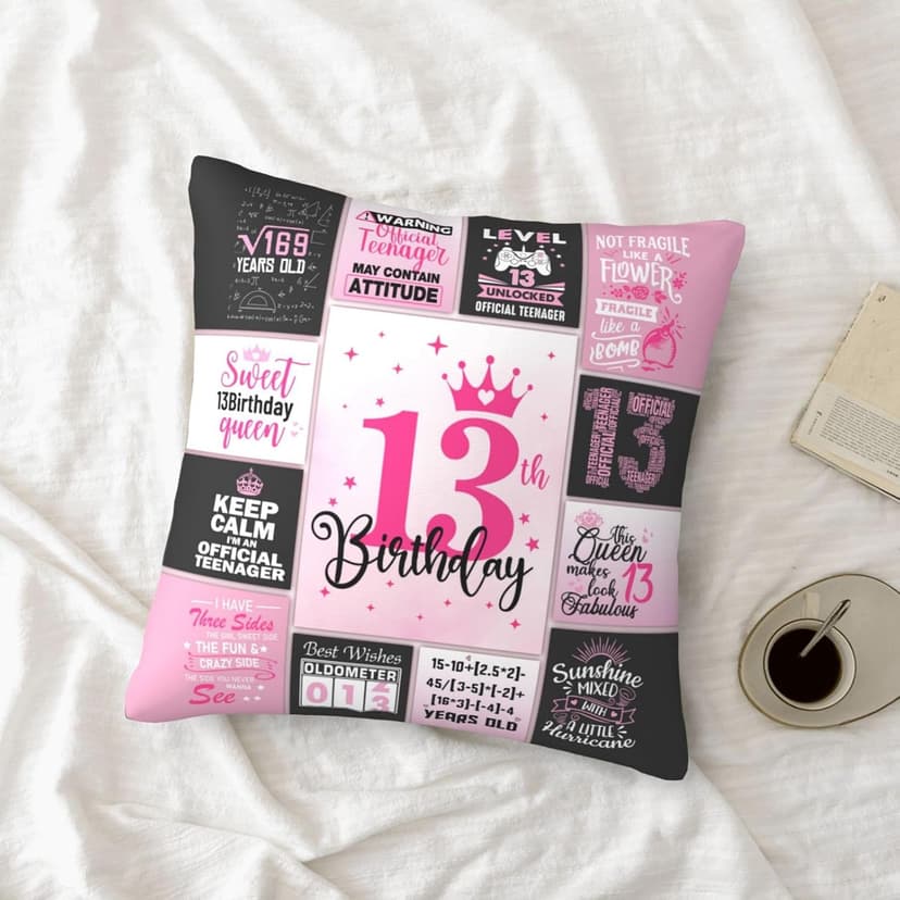 13th Birthday Gifts for Girls, 13 Year Old Girl Birthday Gift Ideas, 13 Yr Old Girl Presents Decorations for Girls Throw Pillow Covers 18x18 Inch