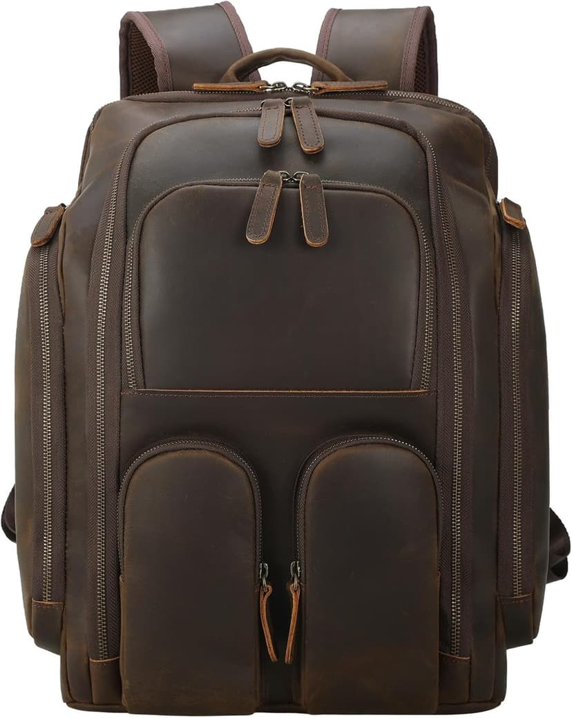Masa Kawa Leather Backpack for Men with 16" Laptop & Camera Lens Sleeve, Multi Pockets Weekend Trip Business Travel Overnight Camping Bag, Vintage Brown