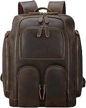 Masa Kawa Leather Backpack for Men with 16" Laptop & Camera Lens Sleeve, Multi Pockets Weekend Trip Business Travel Overnight Camping Bag, Vintage Brown