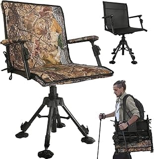 FUNHORUN Hunting Chair with Removable Camouflage Cover, 360 Degree Silent Swivel Hunting Seat with Adjustable 4 Legs Height and Armrests, Tool-Free Foldable Ground Blind Chair, Portable Seat
