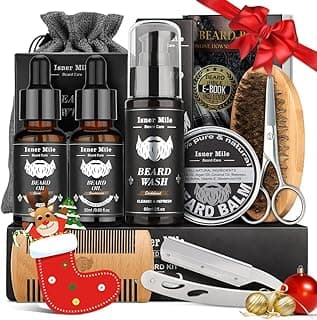 Isner Mile Beard Grooming Kit for Men Care: Trimming Sets with Beard Wash - Oil - Balm - Brush - Comb & Straight Razor, Birthday Christmas Gifts Mens Stocking Stuffers for Him Boyfriend Dad Husband
