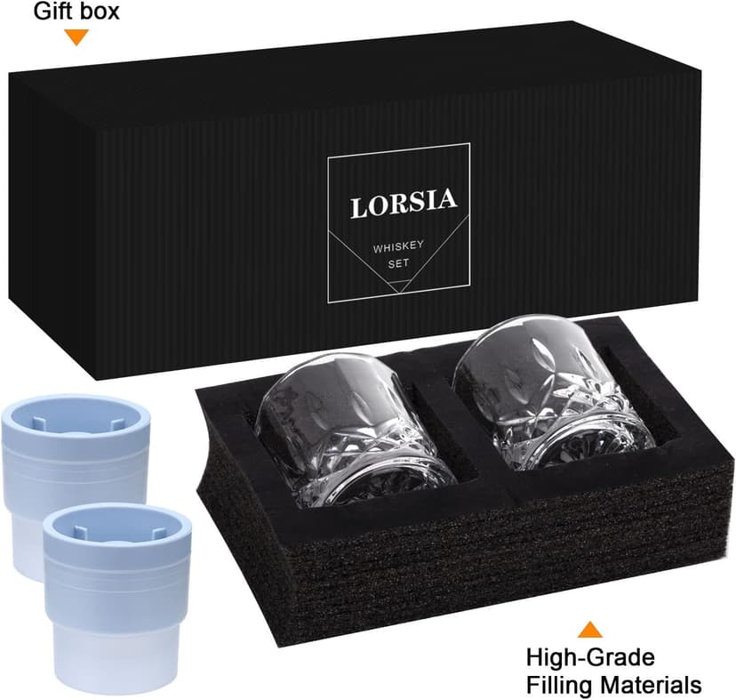 Whiskey Rocks Glass, Set of 4 (2 Crystal Bourbon Glasses, 2 Round Big Ice Ball Molds) In Gift Box - 10 Oz Old Fashioned Glasses for Scotch Cocktail Rum Cognac Vodka Liquor, Unique Gifts for Men