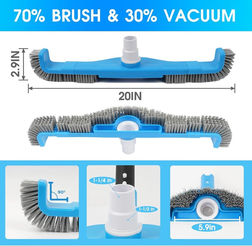 (2026 Upgraded) 20" 2 in 1 Pool Brush Vacuum Head with Swivel Hose Connection & Sturdy Nylon Bristles for Heavy Duty Inground & Above- Ground Pool Cleaning - Connecting 1-1/4" or 1-1/2" Hose (No Pole)