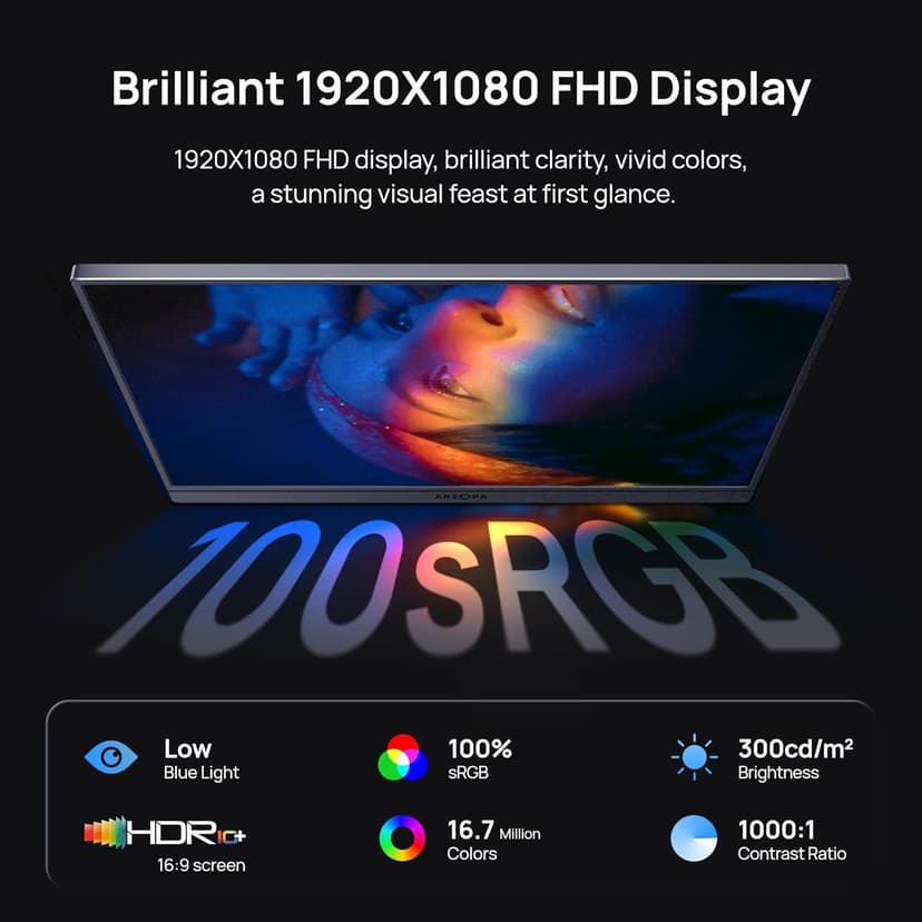 ARZOPA 16.1" Portable Monitor Gray, 100% sRGB FHD 1080P Kickstand Portable Laptop Monitor High Color Gamut Display IPS Eye Care Screen for High-end Office & Entertainment -Z1C Gray