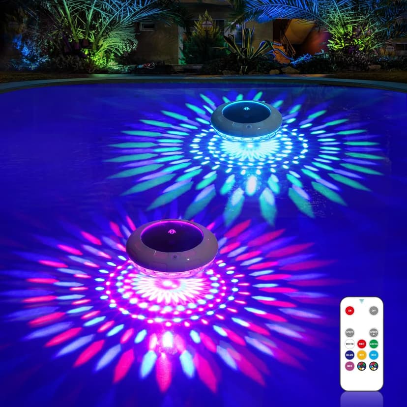 Floating Pool Lights w/Remote, 6.5 Inch RGB Color Changing Solar Pool Lights That Float with 9 Dynamic Lighting, IP68 Waterproof Hangable Solar Floating Light for Pool Garden Weeding Decor(2)