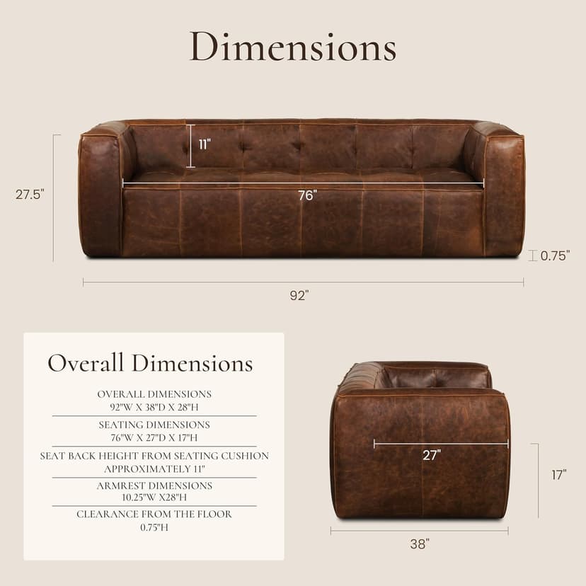 POLY & BARK Capa 96.5" Sofa – Chocolate Brown Full-Grain Pure-Aniline Italian Leather, Boxy Modern Design, Feather-Fiber Cushions, Solid Wood Frame