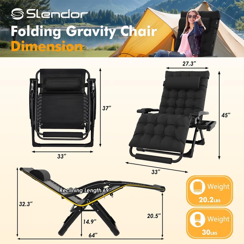 Slendor Oversized Zero Gravity Chairs XXL, 33In Padded Zero Gravity Lounge Chair, Lawn Recliner, Folding Patio Reclining Chair w/Aluminum Alloy Lock, Headrest, Cup Holder, Support 500lbs, Black