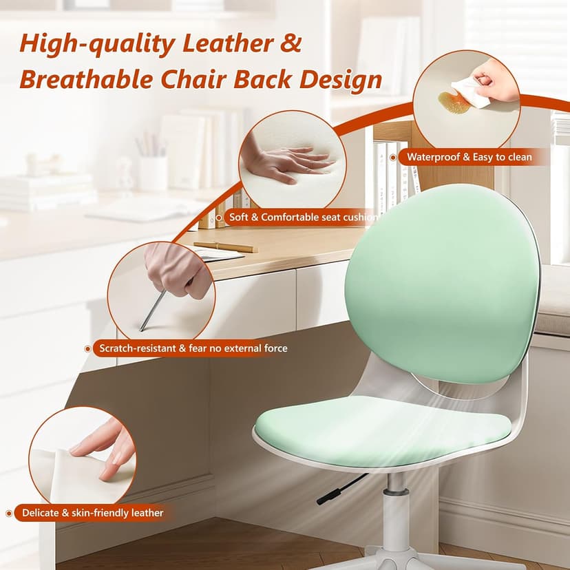 Modern Home Office Chair, Armless Faux Leather Fabric Desk Chair with Mid-Back, Swivel Height Adjustable Ergonomic Computer Task Chair for Office, Bedroom, Make Up, Study