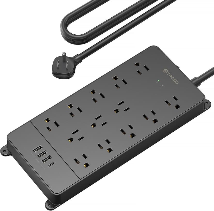 TROND Surge Protector Power Strip, 4000 Joules, ETL Listed, 13 Widely-Spaced Outlets Expansion with USB C Ports, Low-Profile Flat Plug, Wall Mountable, 5ft Extension Cord, 14AWG Heavy Duty, Black