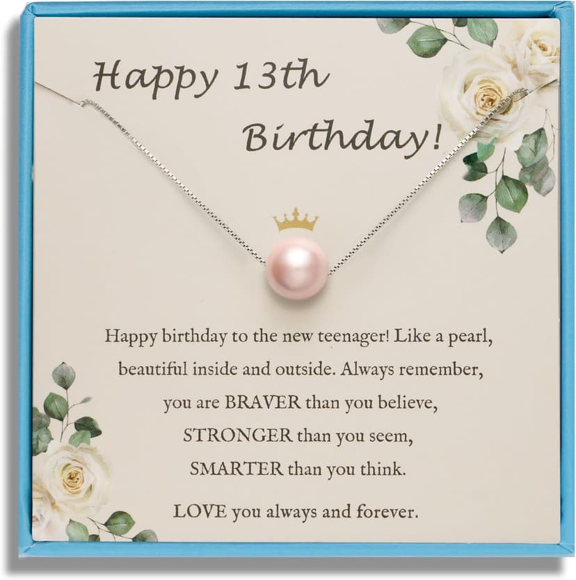 Sereney Birthday Gifts for Girls Women, Sterling Silver Pearl Necklace as 7 9 10 11 13 15 16 18 21 30 40 50 60 Year Old Birthday Gifts, Single Pearl Necklace as Bday Gifts for Friends Lockets