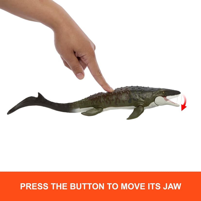Matchbox Toy Car Playset, Jurassic World 12.5” Dino Boat with 13” Mosasaurus Dinosaur, 1:64 Die-Cast Jeep, Harpoon Missiles & Detachable Rescue Boat