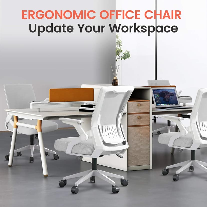 GTPLAYER Ergonomic Office Chair with Flip-up Armrests Executive Computer Chair for Home Office, Breathable Mesh & Comfy Lumbar Support, Moon Gray