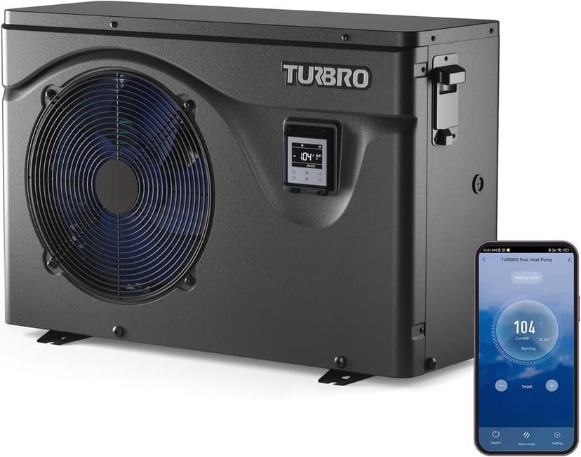 TURBRO 50,000 BTU Inverter Swimming Pool Heat Pump, Electric Pool Heater for in and Above-Ground Pools up to 16,000 Gallons, WiFi Enabled, Timer, 15.90 COP, 220-240 V, IPX4-Waterproof, Beluga Series