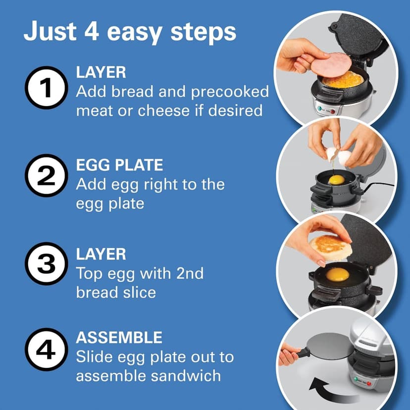 Perfect for English Muffins, Croissants, Mini Waffles | Customizable & Fast | PFAS-Free | Silver | 25475MN Hamilton Beach Breakfast Sandwich Maker with Egg Cooker Ring B00BTIUYOO
