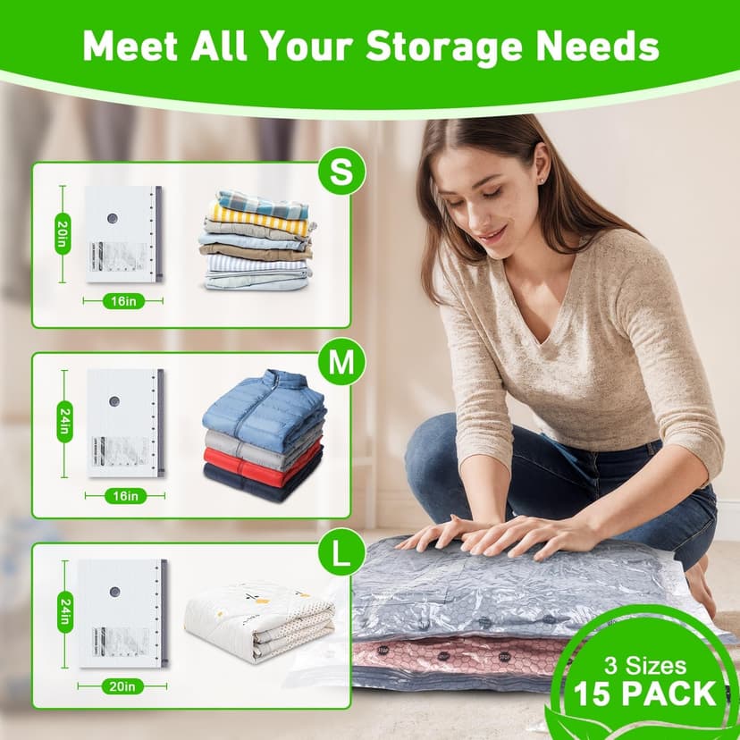 Vacuum Seal Bags for Clothing with Wireless Electric Pump - Travel & Home Use, 15 Pack Ideal Space Saver Vacuum Storage Bags, Travel Vacuum Bags for Luggage