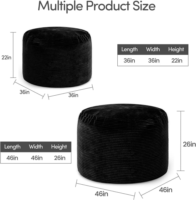 Bean Bag Chairs for Teens, 3FT Bean Bag with Memory Foam Filling, Bean Bag Chairs with Plush Microfiber Removable Cover, Cozy Sofa for Reading, Gaming- Black